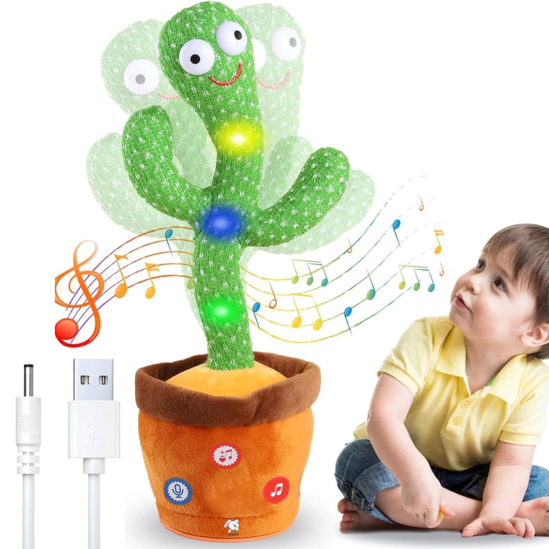 GilliBilli - Dancing Cactus Toy for Kids - Rechargeable Talking Singing Children Baby Plush Electronic Toys | Voice Recording | Repeats What You Say | LED Lights